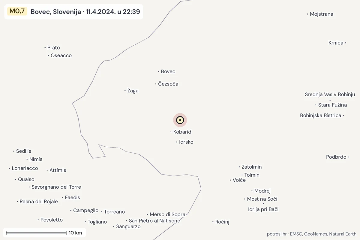 Karta: okolica epicentra, 60 km, potres M0,7, Bovec, Slovenija, 11.4.2024.