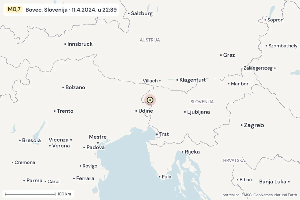 Karta: šire područje, 600 km, potres M0,7, Bovec, Slovenija, 11.4.2024.