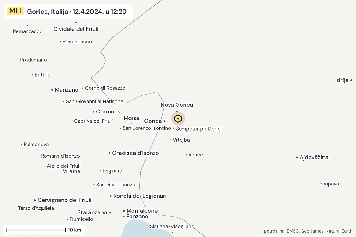 Karta: okolica epicentra, 60 km, potres M1,1, Gorica, Italija, 12.4.2024.