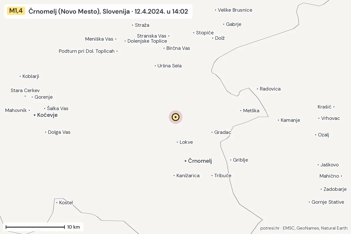 Karta: okolica epicentra, 60 km, potres M1,4, Črnomelj (Novo Mesto), Slovenija, 12.4.2024.