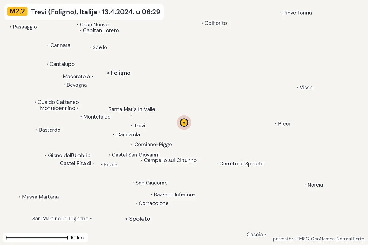 Karta: okolica epicentra, 60 km, potres M2,2, Trevi (Foligno), Italija, 13.4.2024.