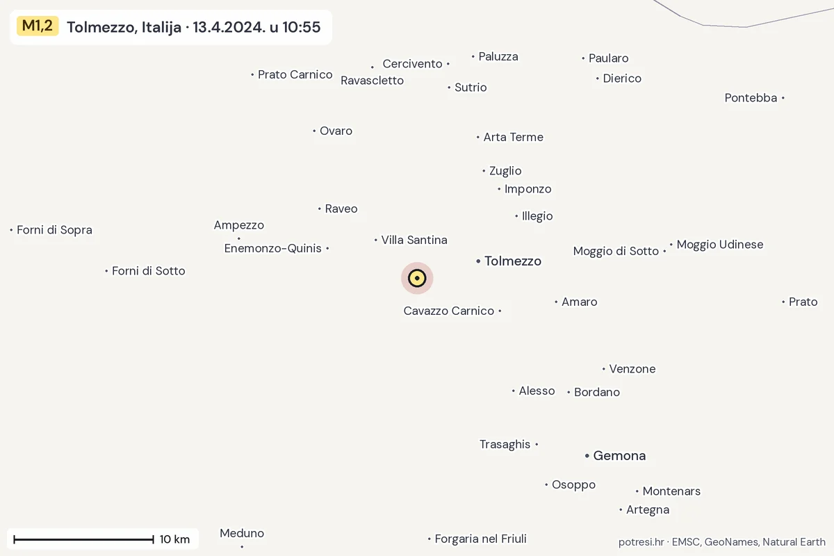 Karta: okolica epicentra, 60 km, potres M1,2, Tolmezzo, Italija, 13.4.2024.