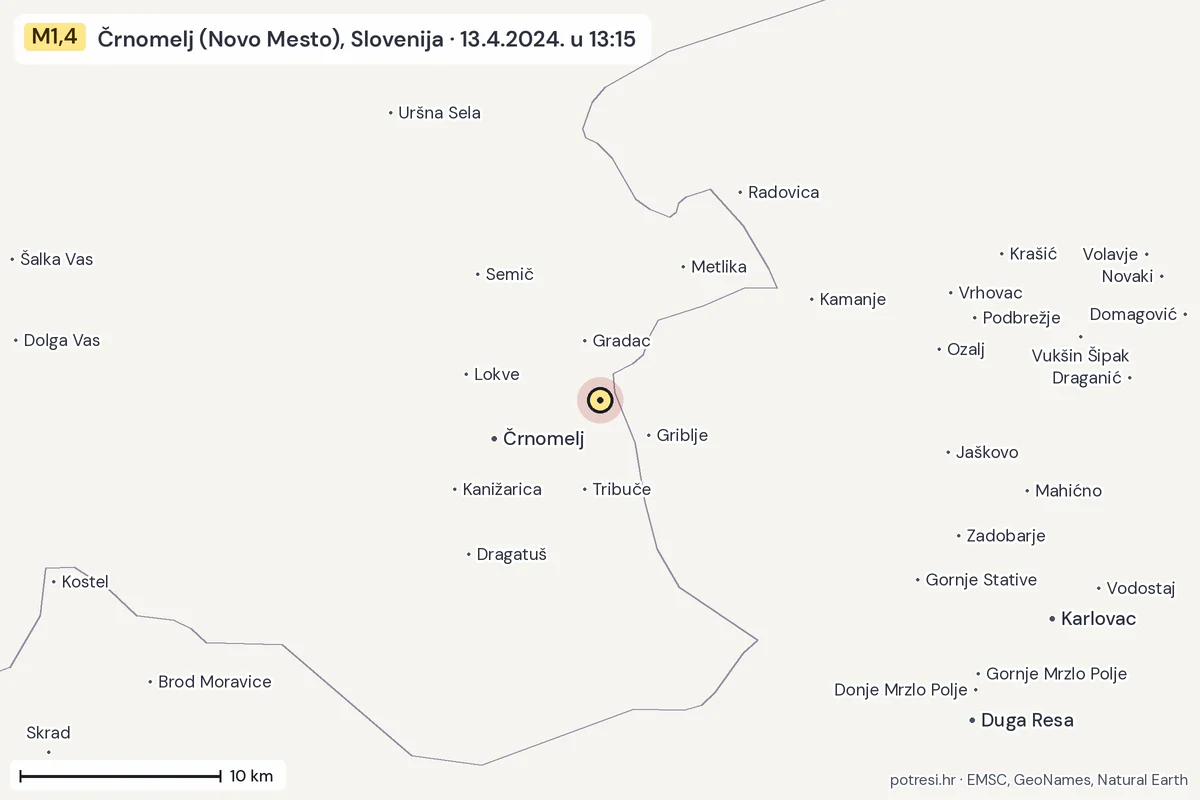 Karta: okolica epicentra, 60 km, potres M1,4, Črnomelj (Novo Mesto), Slovenija, 13.4.2024.