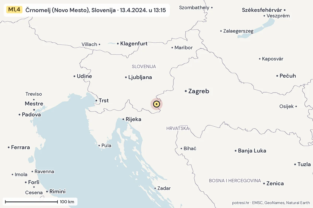 Karta: šire područje, 600 km, potres M1,4, Črnomelj (Novo Mesto), Slovenija, 13.4.2024.
