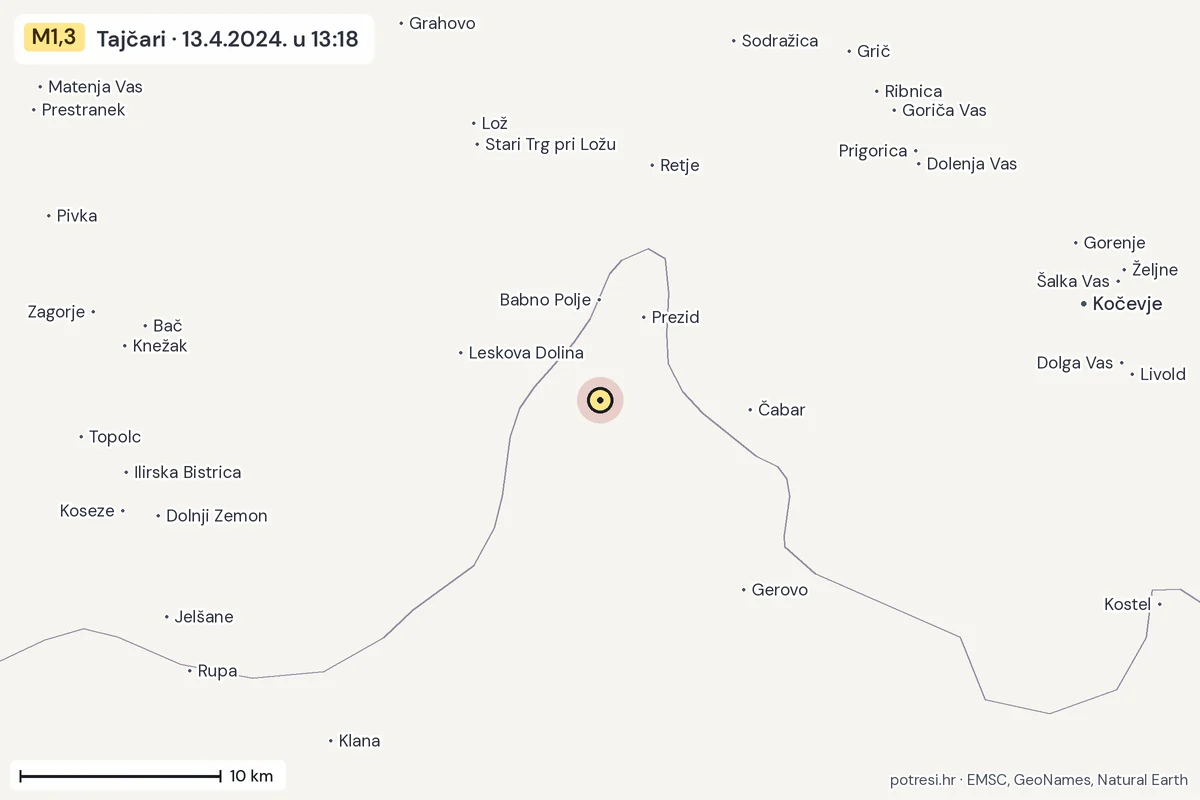 Karta: okolica epicentra, 60 km, potres M1,3, Tajčari, 13.4.2024.