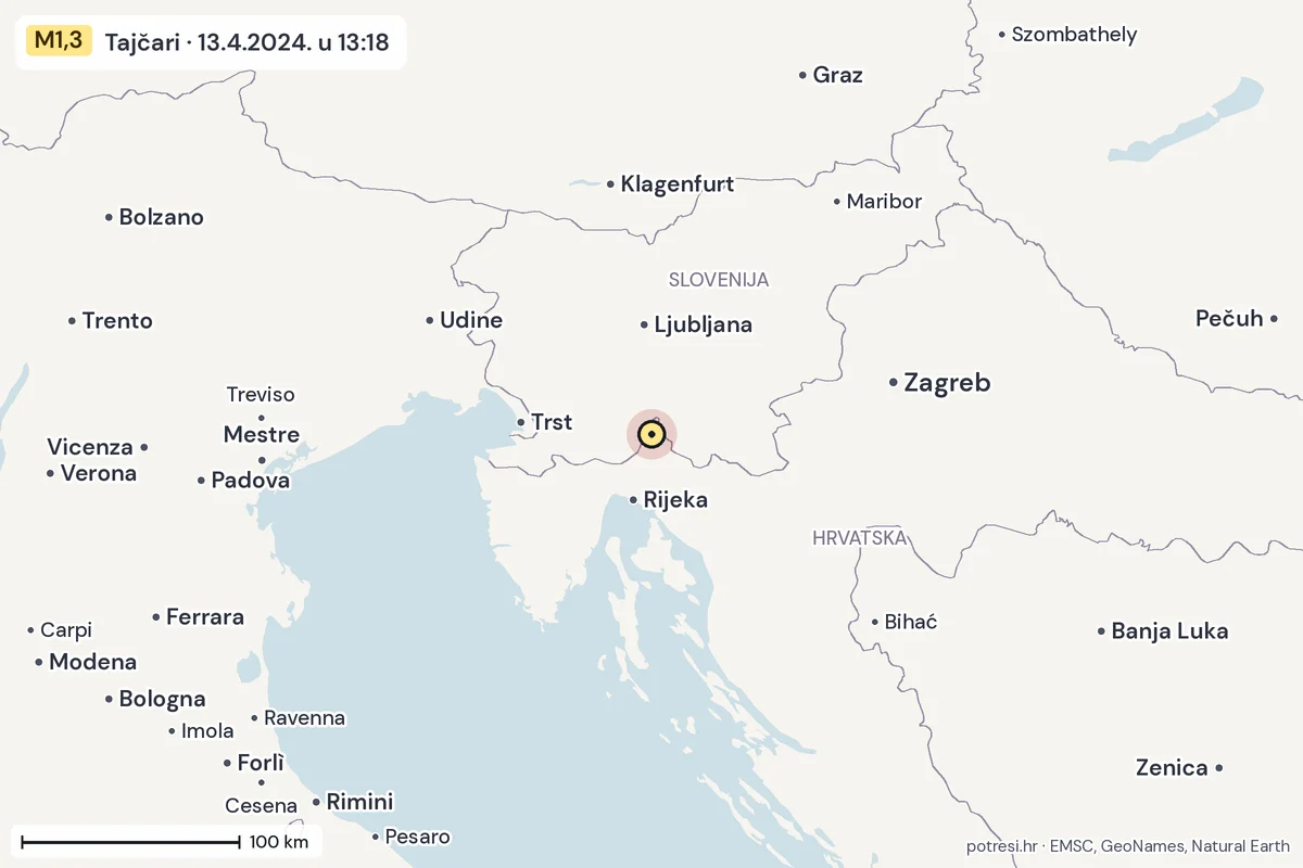 Karta: šire područje, 600 km, potres M1,3, Tajčari, 13.4.2024.