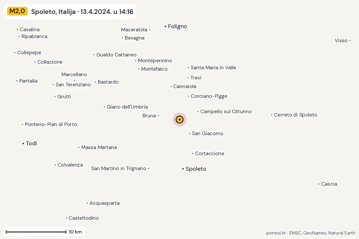 Karta: okolica epicentra, 60 km, potres M2,0, Spoleto, Italija, 13.4.2024.