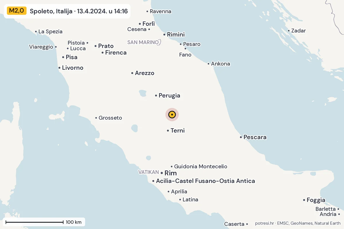 Karta: šire područje, 600 km, potres M2,0, Spoleto, Italija, 13.4.2024.