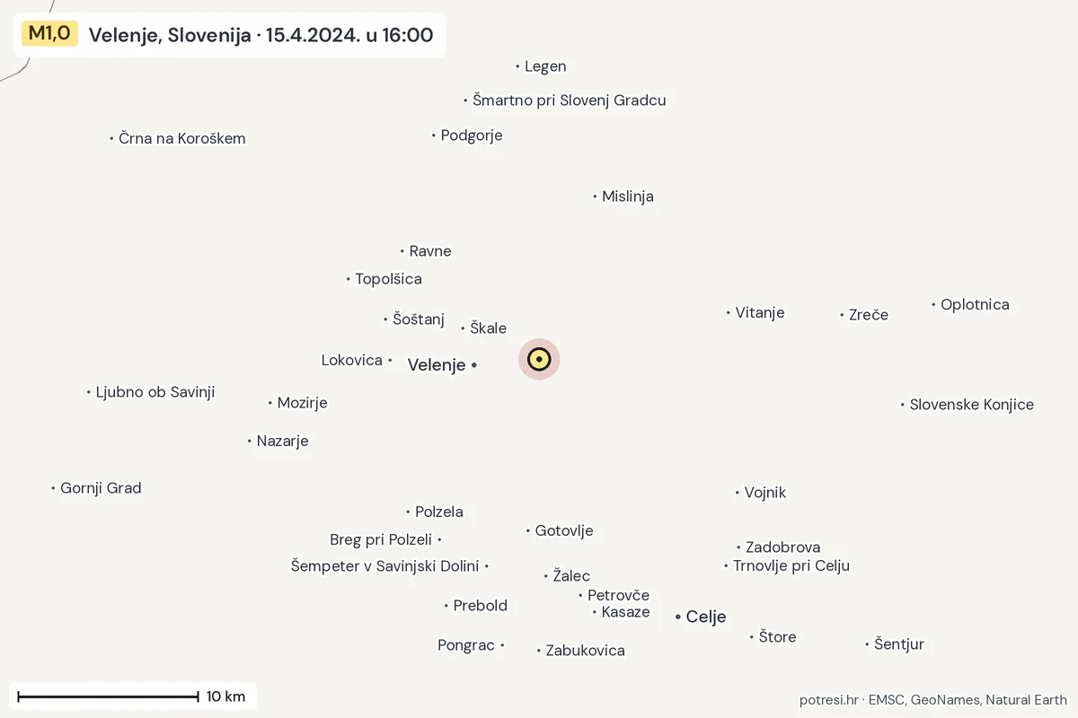 Karta: okolica epicentra, 60 km, potres M1,0, Velenje, Slovenija, 15.4.2024.