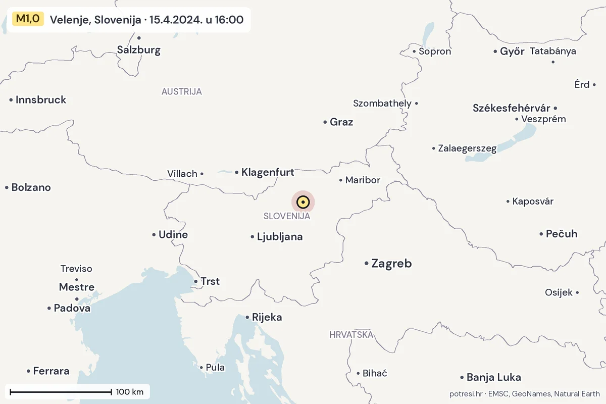 Karta: šire područje, 600 km, potres M1,0, Velenje, Slovenija, 15.4.2024.