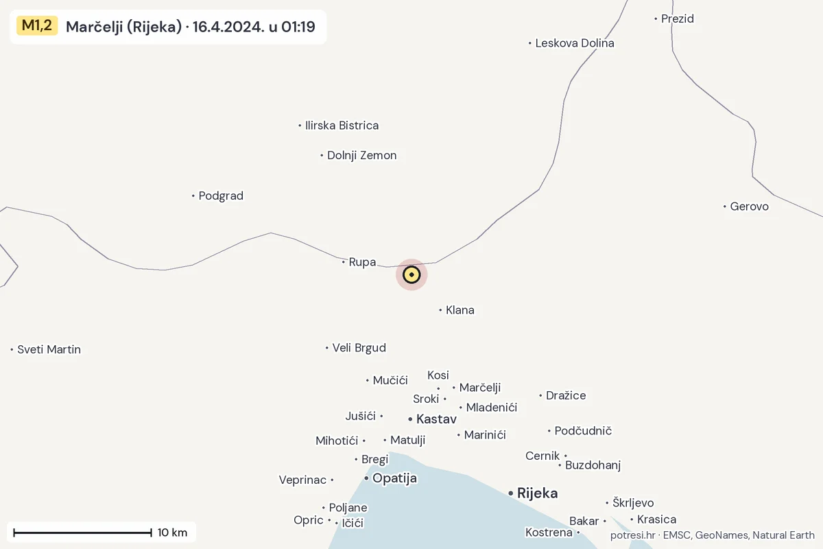 Karta: okolica epicentra, 60 km, potres M1,2, Marčelji (Rijeka), 16.4.2024.