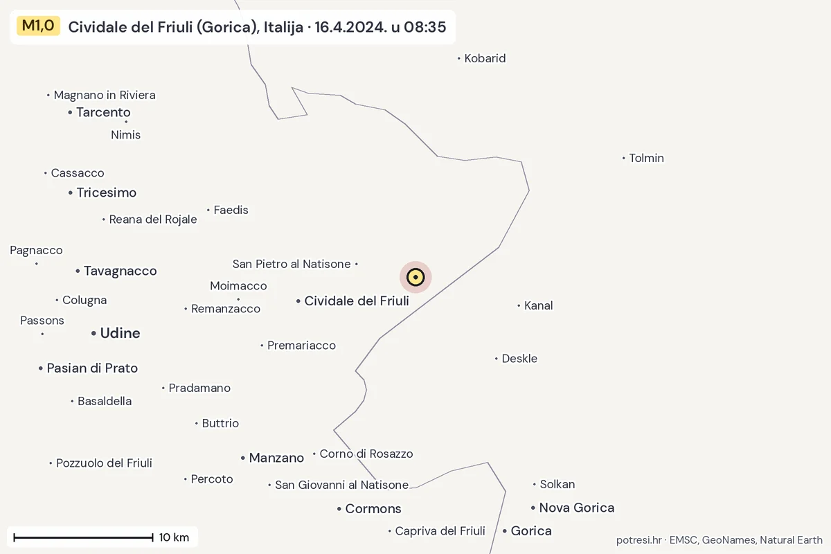 Karta: okolica epicentra, 60 km, potres M1,0, Cividale del Friuli (Gorica), Italija, 16.4.2024.