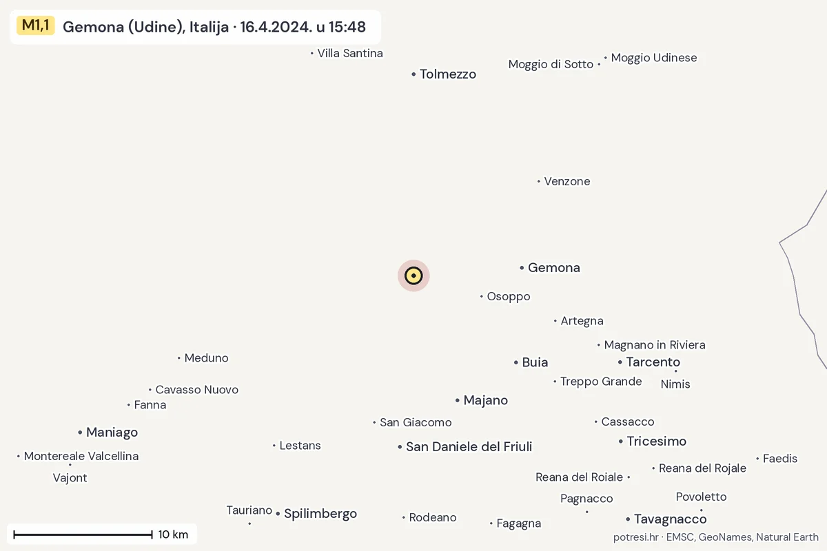Karta: okolica epicentra, 60 km, potres M1,1, Gemona (Udine), Italija, 16.4.2024.