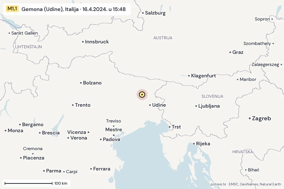 Karta: šire područje, 600 km, potres M1,1, Gemona (Udine), Italija, 16.4.2024.