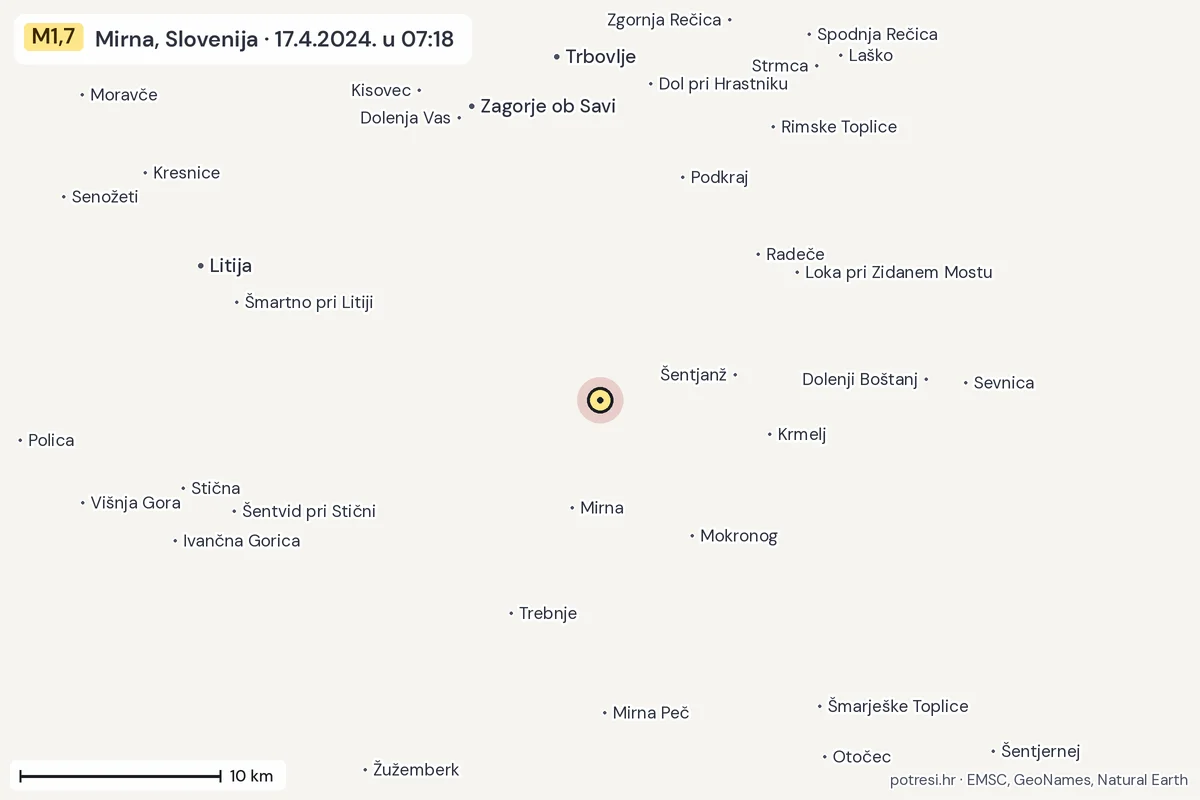 Karta: okolica epicentra, 60 km, potres M1,7, Mirna, Slovenija, 17.4.2024.