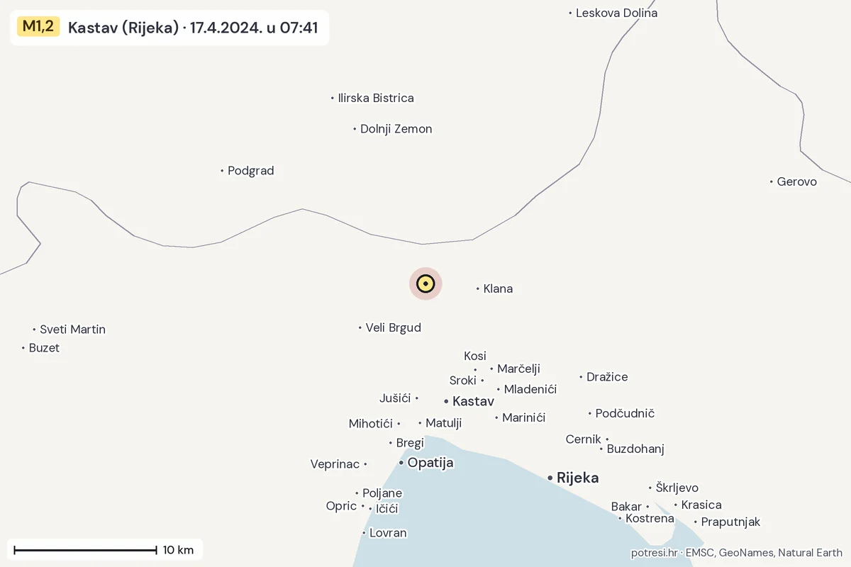 Karta: okolica epicentra, 60 km, potres M1,2, Kastav (Rijeka), 17.4.2024.