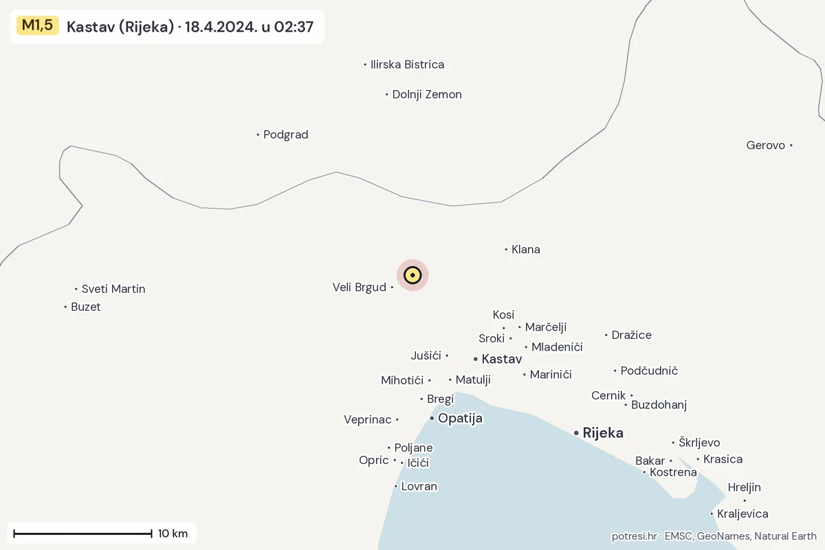 Karta: okolica epicentra, 60 km, potres M1,5, Kastav (Rijeka), 18.4.2024.
