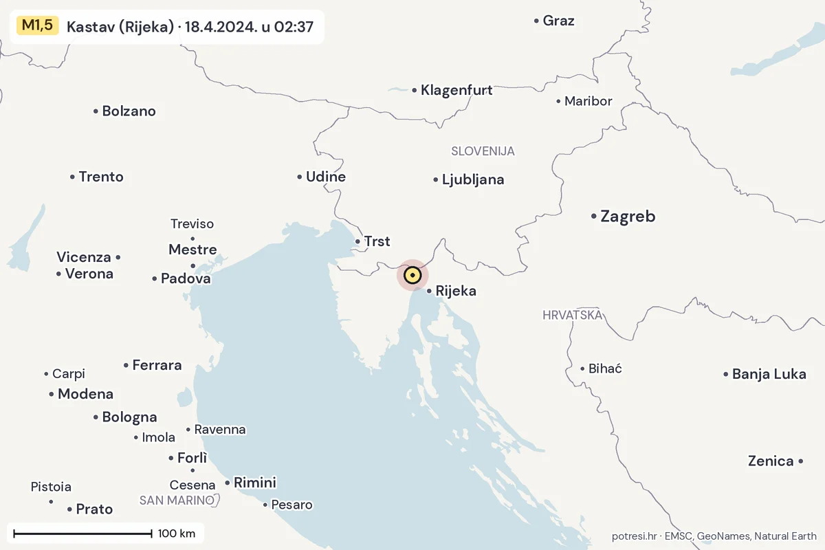Karta: šire područje, 600 km, potres M1,5, Kastav (Rijeka), 18.4.2024.