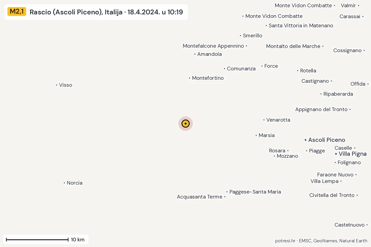 Karta: okolica epicentra, 60 km, potres M2,1, Rascio (Ascoli Piceno), Italija, 18.4.2024.