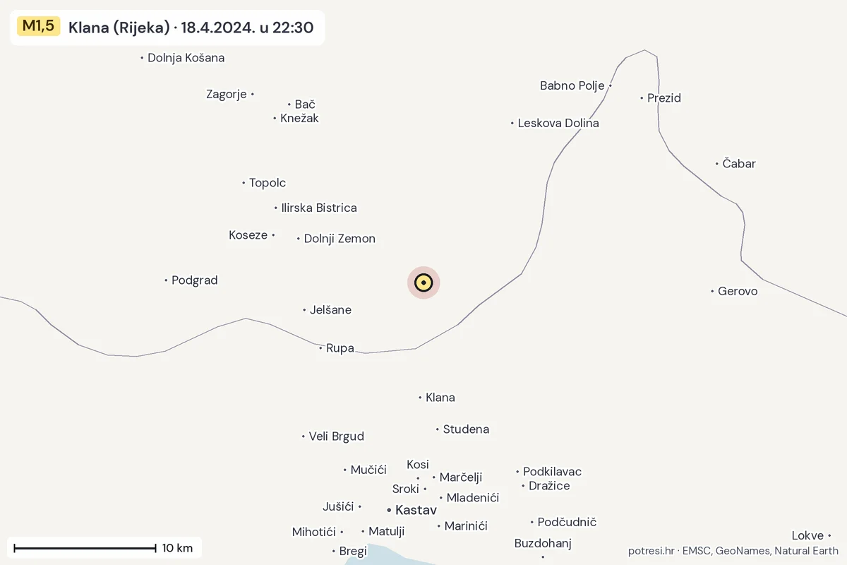 Karta: okolica epicentra, 60 km, potres M1,5, Klana (Rijeka), 18.4.2024.