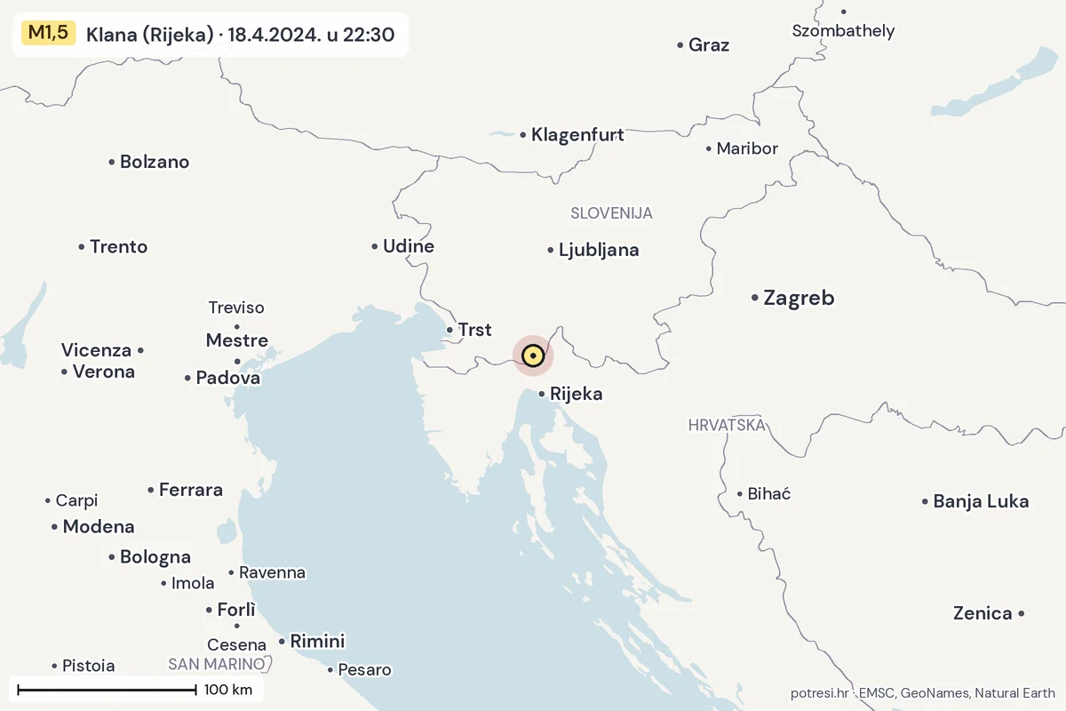 Karta: šire područje, 600 km, potres M1,5, Klana (Rijeka), 18.4.2024.
