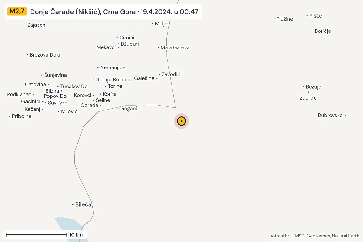 Karta: okolica epicentra, 60 km, potres M2,7, Donje Čarađe (Nikšić), Crna Gora, 19.4.2024.
