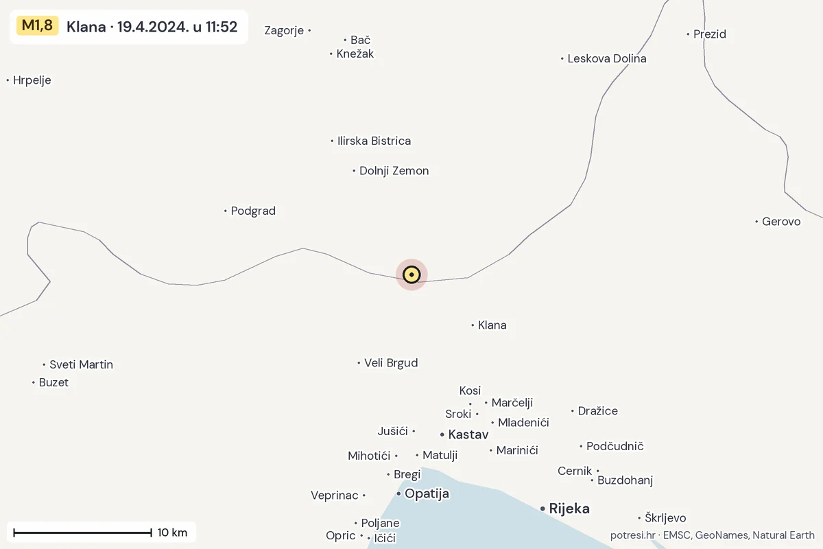 Karta: okolica epicentra, 60 km, potres M1,8, Klana, 19.4.2024.