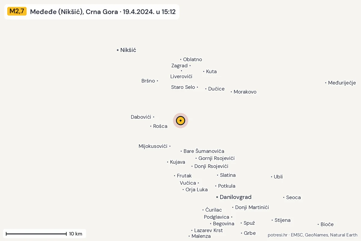 Karta: okolica epicentra, 60 km, potres M2,7, Međeđe (Nikšić), Crna Gora, 19.4.2024.