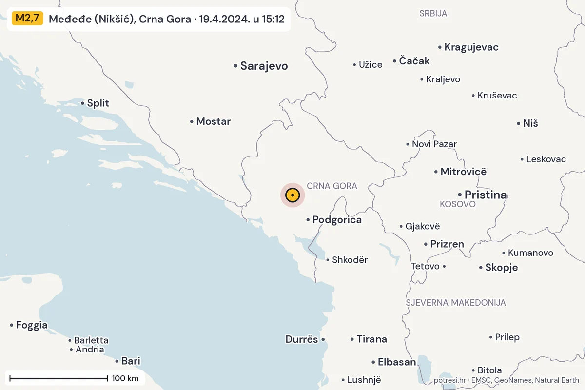 Karta: šire područje, 600 km, potres M2,7, Međeđe (Nikšić), Crna Gora, 19.4.2024.
