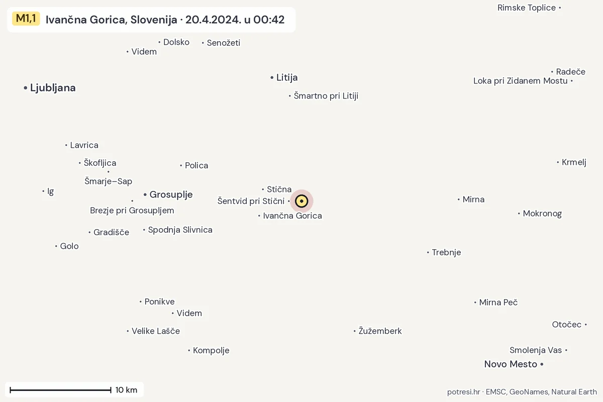 Karta: okolica epicentra, 60 km, potres M1,1, Ivančna Gorica, Slovenija, 20.4.2024.