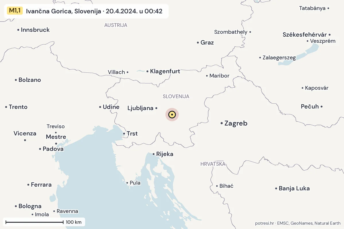 Karta: šire područje, 600 km, potres M1,1, Ivančna Gorica, Slovenija, 20.4.2024.