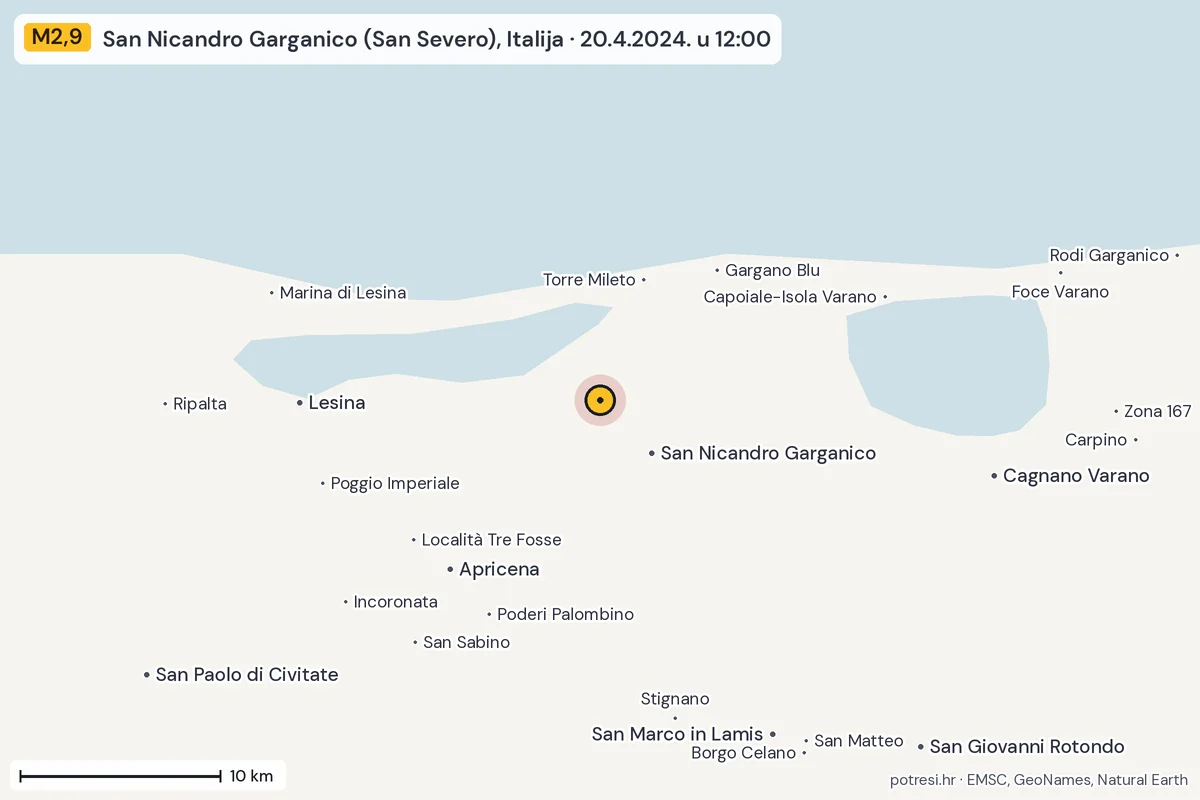 Karta: okolica epicentra, 60 km, potres M2,9, San Nicandro Garganico (San Severo), Italija, 20.4.2024.