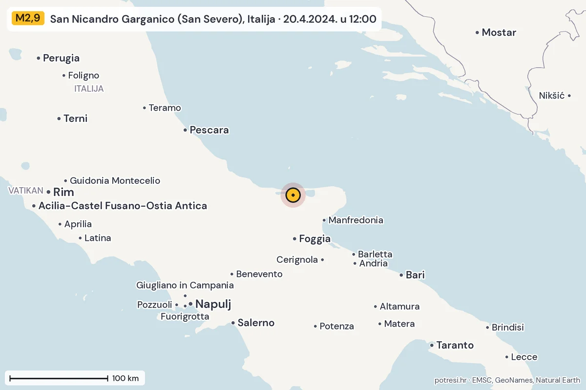 Karta: šire područje, 600 km, potres M2,9, San Nicandro Garganico (San Severo), Italija, 20.4.2024.