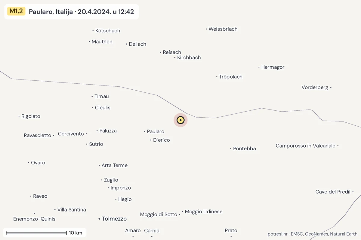 Karta: okolica epicentra, 60 km, potres M1,2, Paularo, Italija, 20.4.2024.