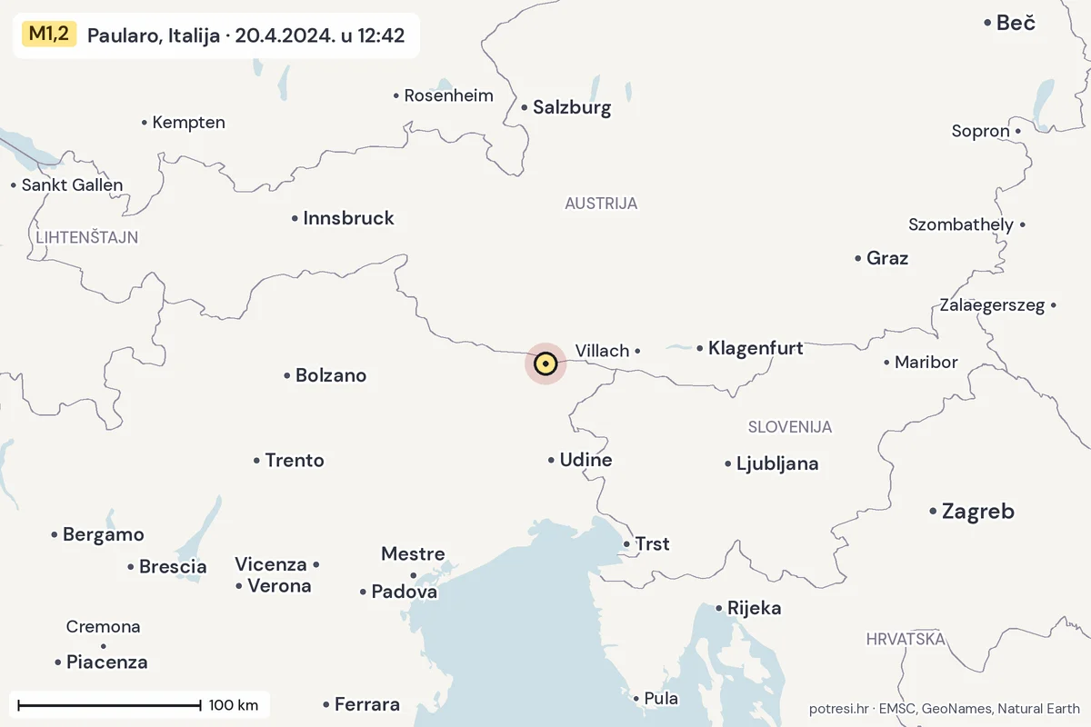 Karta: šire područje, 600 km, potres M1,2, Paularo, Italija, 20.4.2024.