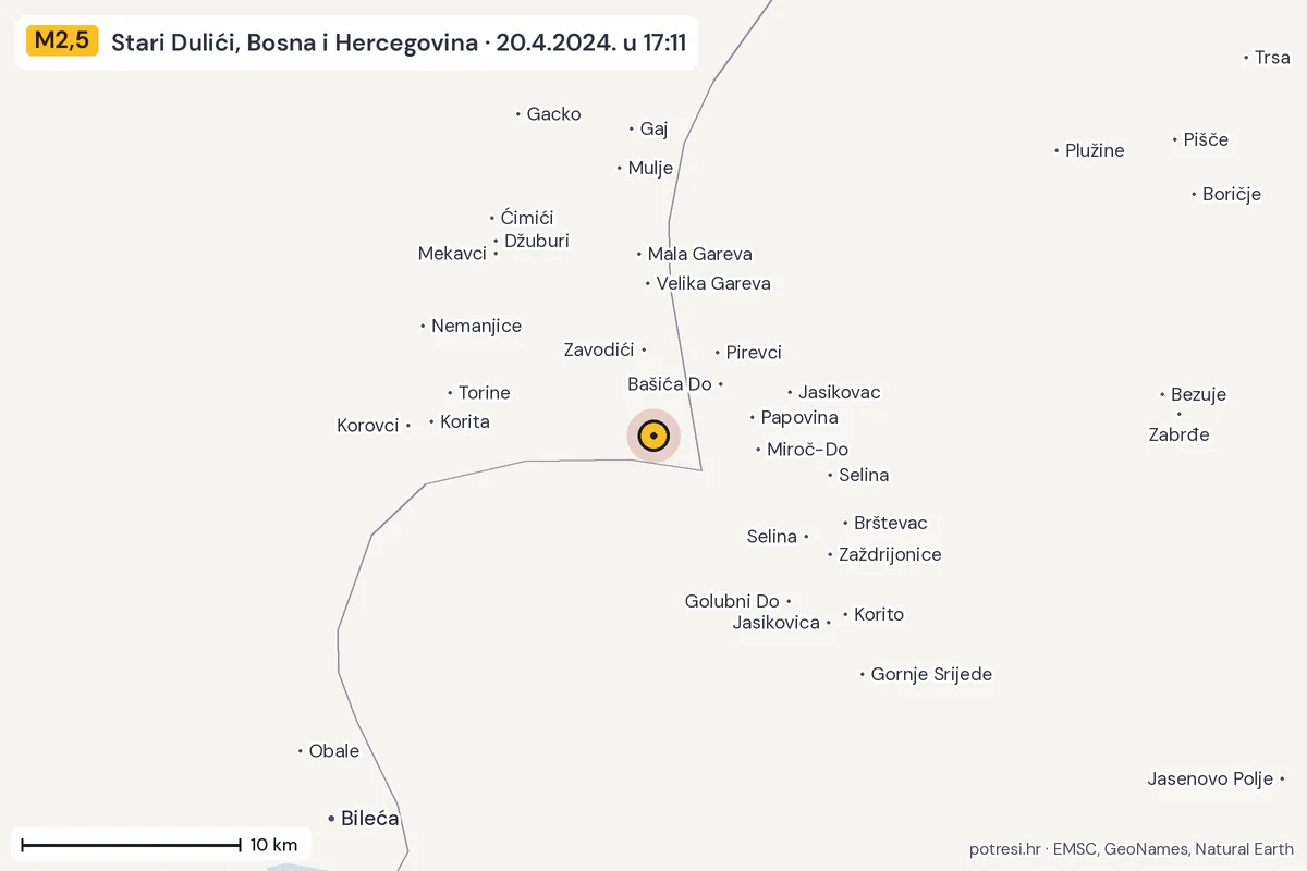 Karta: okolica epicentra, 60 km, potres M2,5, Stari Dulići, Bosna i Hercegovina, 20.4.2024.