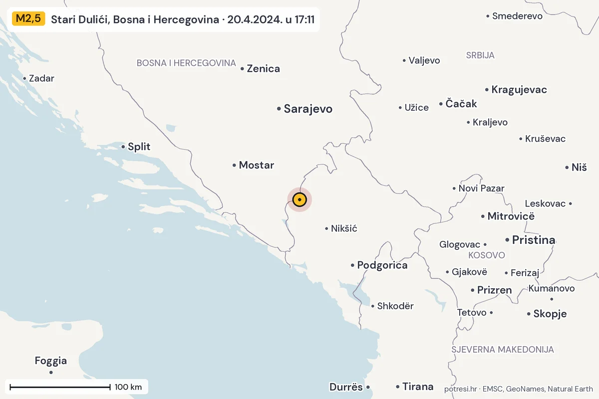Karta: šire područje, 600 km, potres M2,5, Stari Dulići, Bosna i Hercegovina, 20.4.2024.