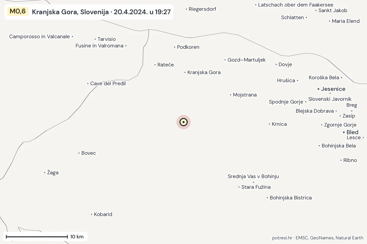 Karta: okolica epicentra, 60 km, potres M0,6, Kranjska Gora, Slovenija, 20.4.2024.