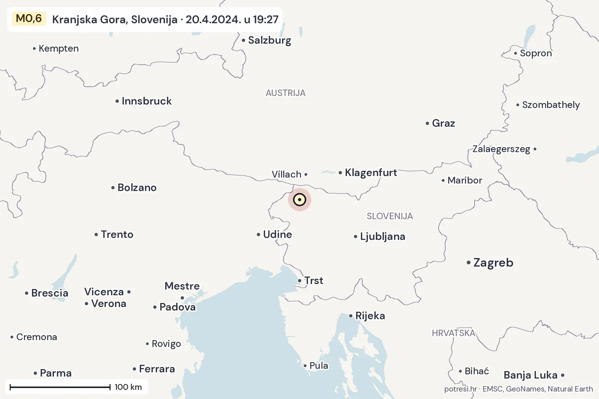 Karta: šire područje, 600 km, potres M0,6, Kranjska Gora, Slovenija, 20.4.2024.