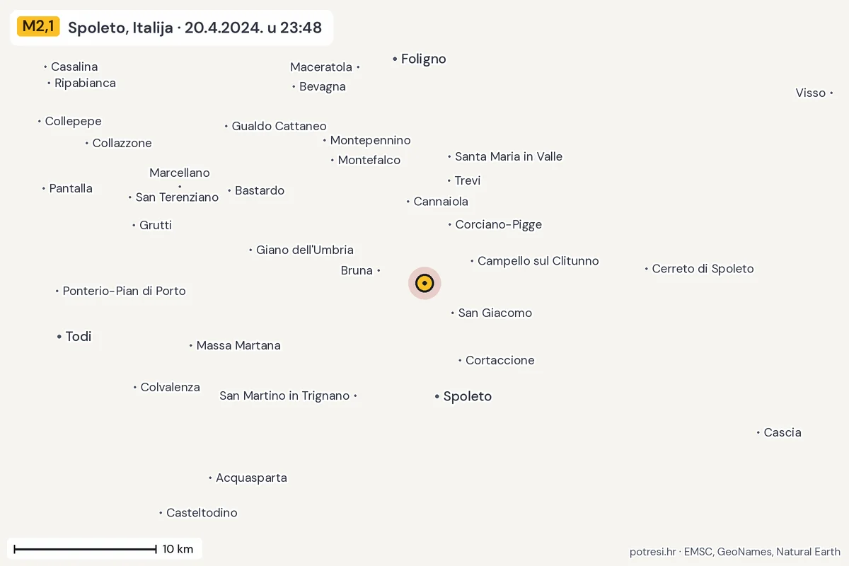 Karta: okolica epicentra, 60 km, potres M2,1, Spoleto, Italija, 20.4.2024.