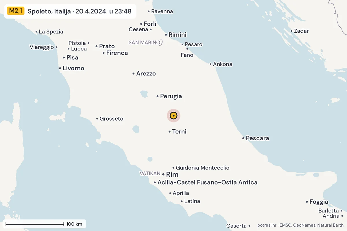 Karta: šire područje, 600 km, potres M2,1, Spoleto, Italija, 20.4.2024.