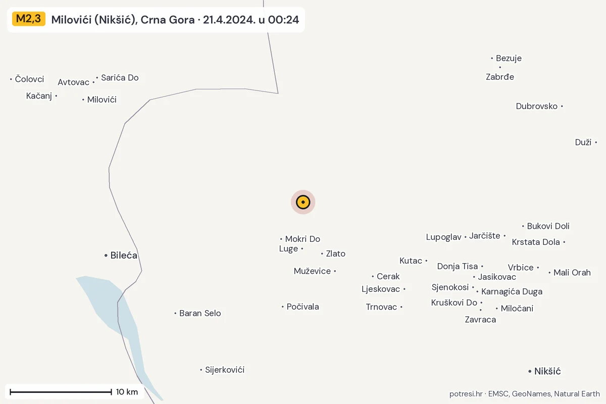 Karta: okolica epicentra, 60 km, potres M2,3, Milovići (Nikšić), Crna Gora, 21.4.2024.