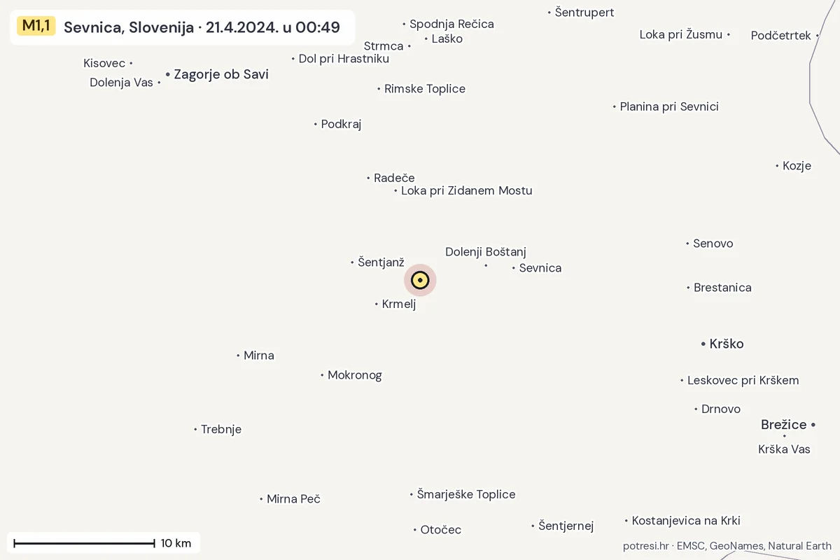 Karta: okolica epicentra, 60 km, potres M1,1, Sevnica, Slovenija, 21.4.2024.