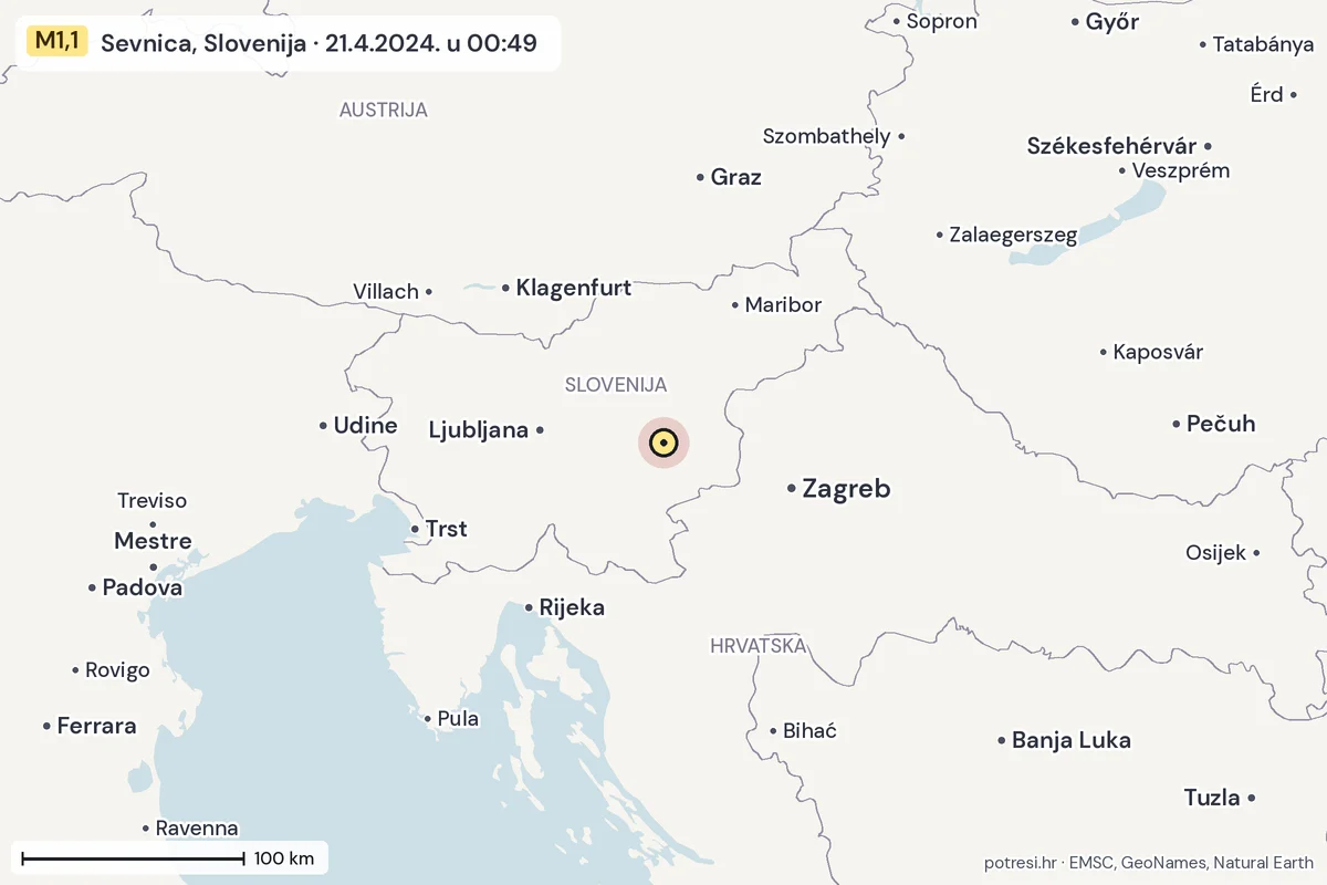 Karta: šire područje, 600 km, potres M1,1, Sevnica, Slovenija, 21.4.2024.