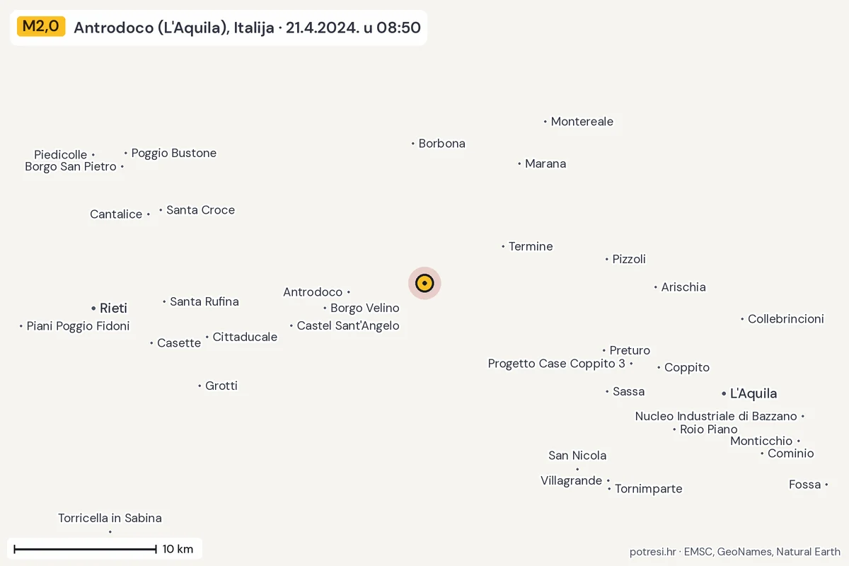 Karta: okolica epicentra, 60 km, potres M2,0, Antrodoco (L'Aquila), Italija, 21.4.2024.