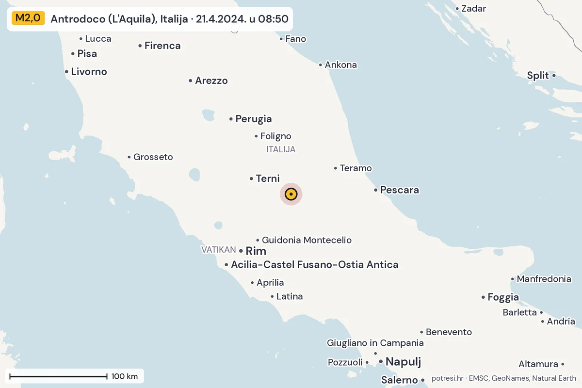 Karta: šire područje, 600 km, potres M2,0, Antrodoco (L'Aquila), Italija, 21.4.2024.