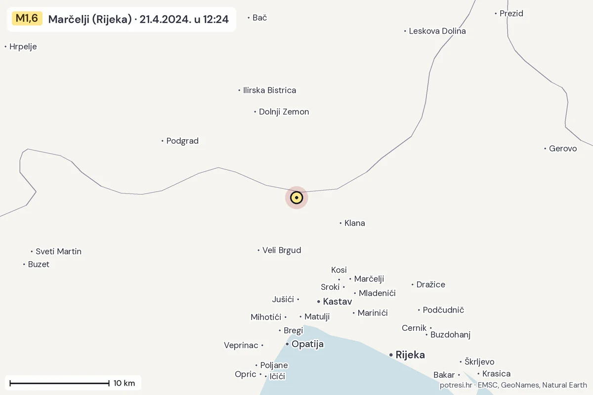 Karta: okolica epicentra, 60 km, potres M1,6, Marčelji (Rijeka), 21.4.2024.