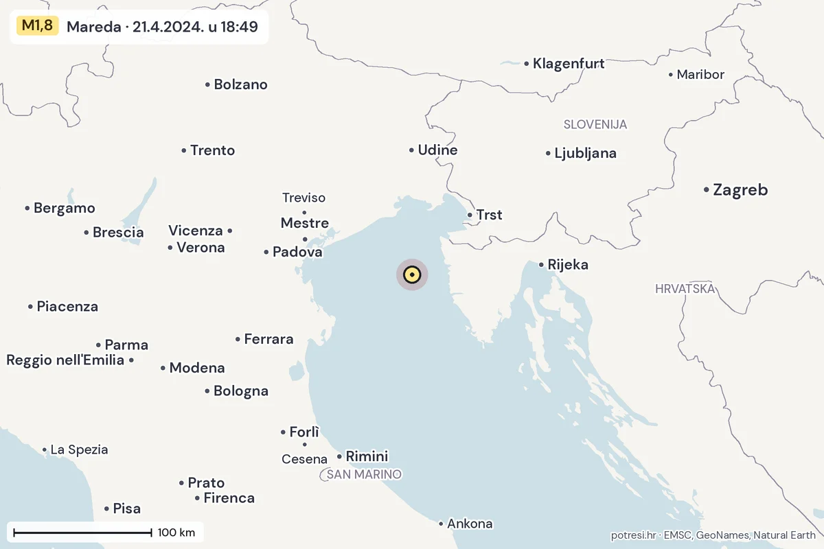 Karta: šire područje, 600 km, potres M1,8, Mareda, 21.4.2024.