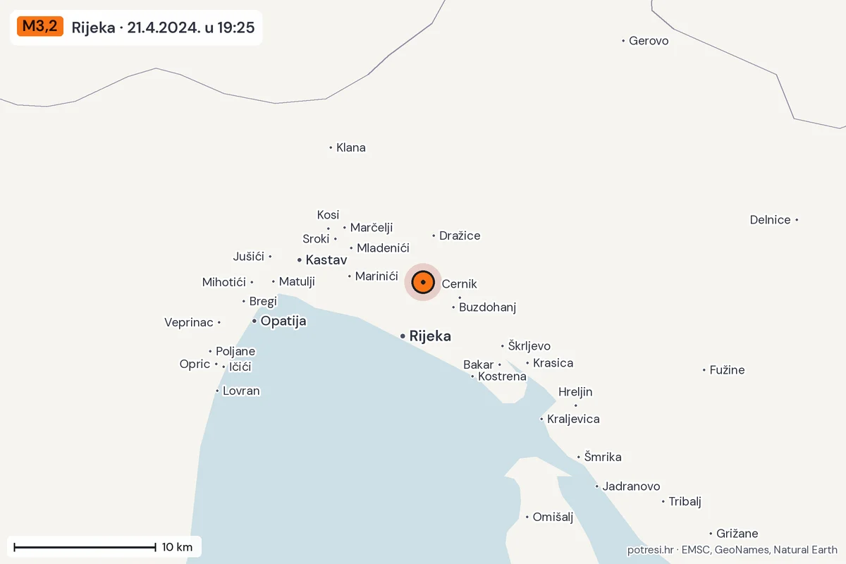 Karta: okolica epicentra, 60 km, potres M3,2, Rijeka, 21.4.2024.