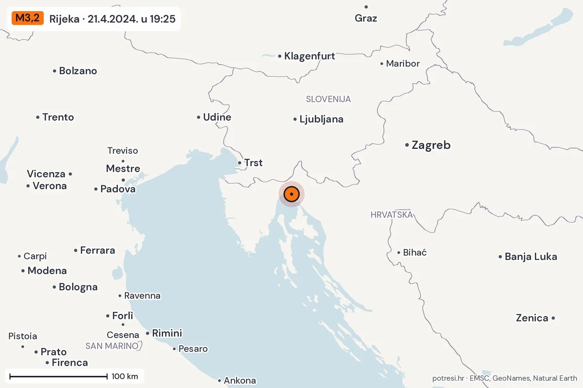 Karta: šire područje, 600 km, potres M3,2, Rijeka, 21.4.2024.